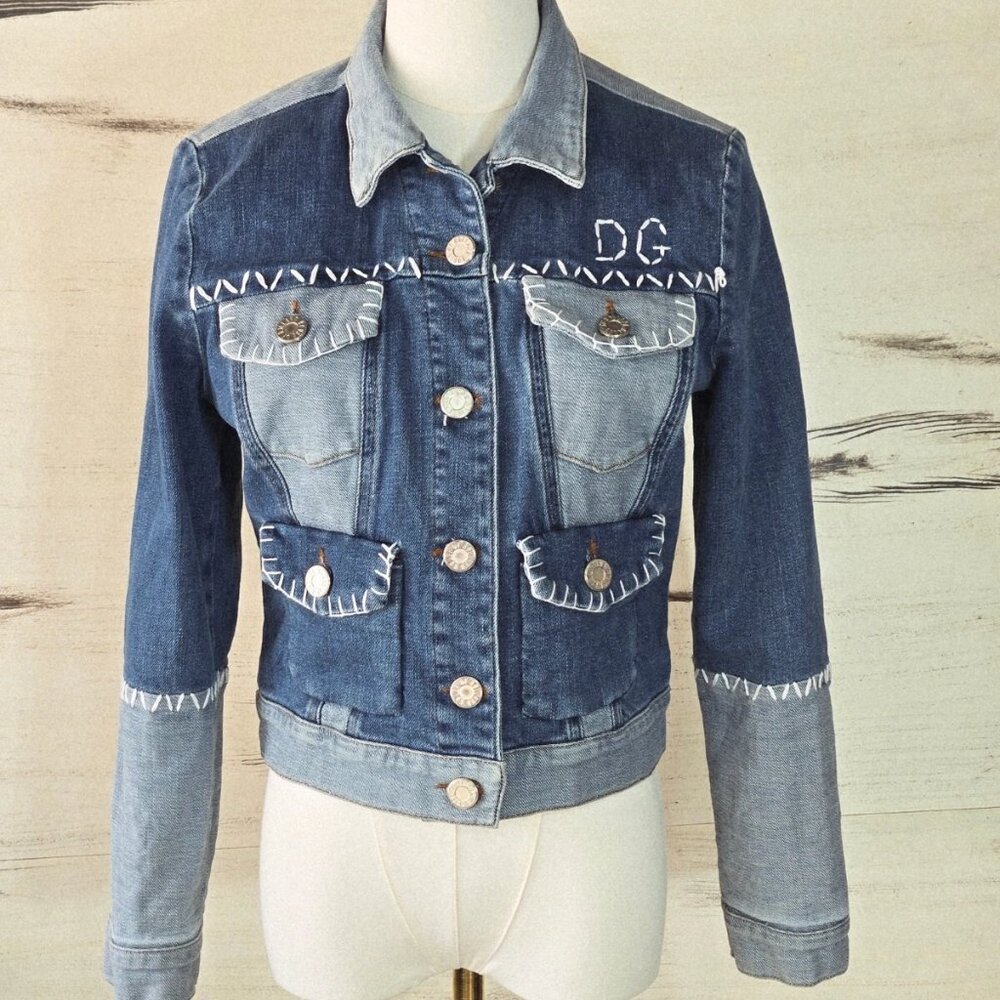 House of Holland Jacket Womens Size 4 Blue Denim Lined Western Patchwork Stretch